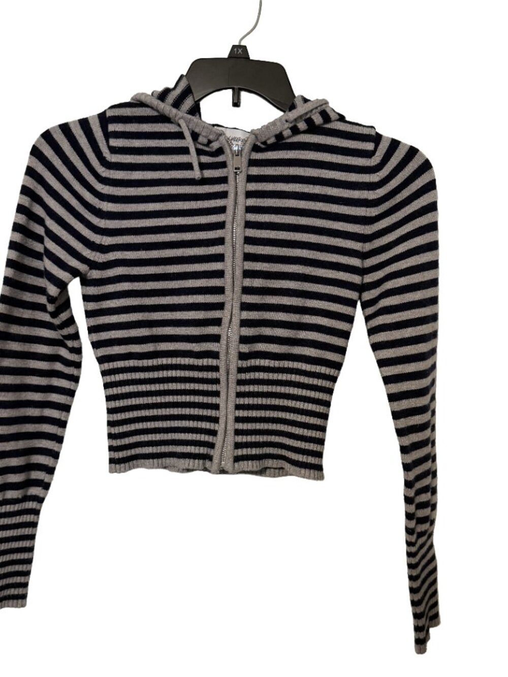 Urban Weekend Striped Full Zip Knit Hoodie Sweater Navy Grey Junior Large L